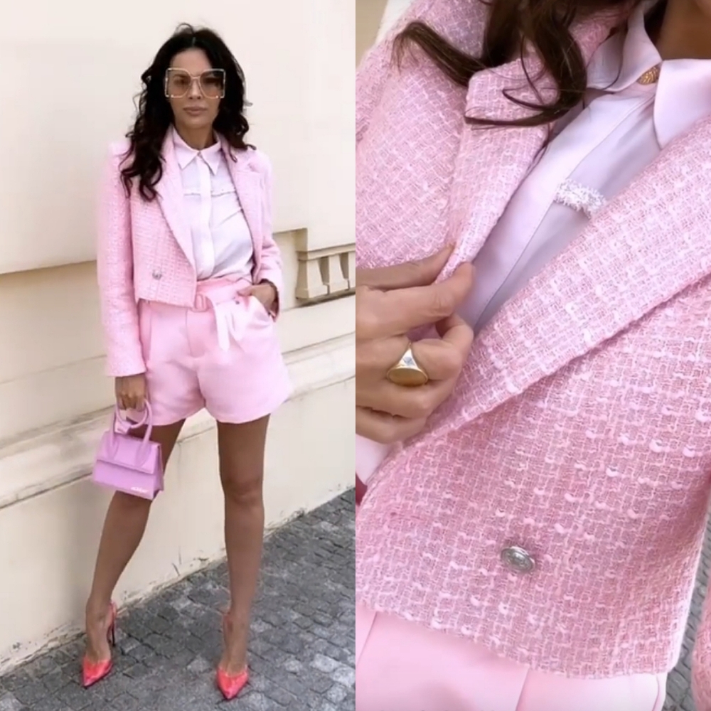 Zara cropped tweed textured blazer pink Size M - Picture 6 of 16